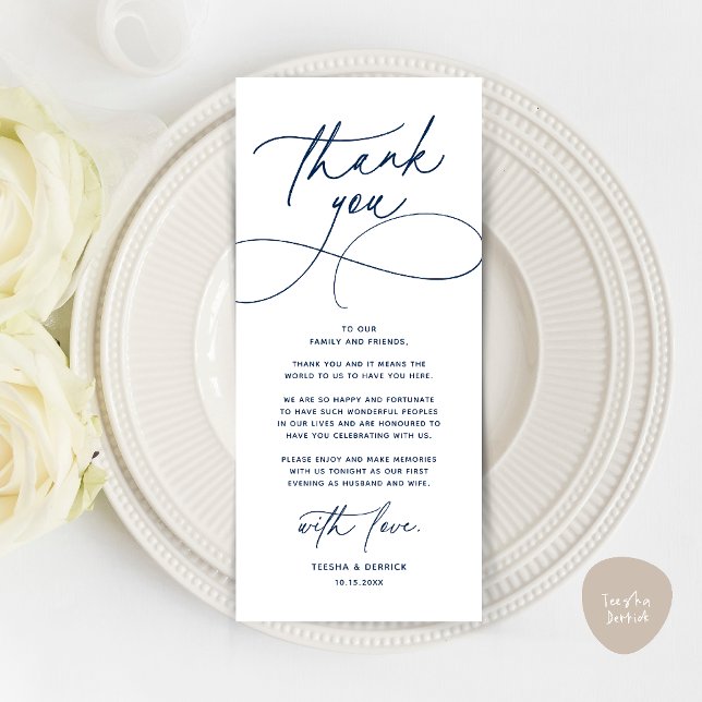Romantiskt Modernt Bröllopsmottagning Tack Kort (Romantic Modern Wedding Reception Dinner Thank You Card in navy blue)