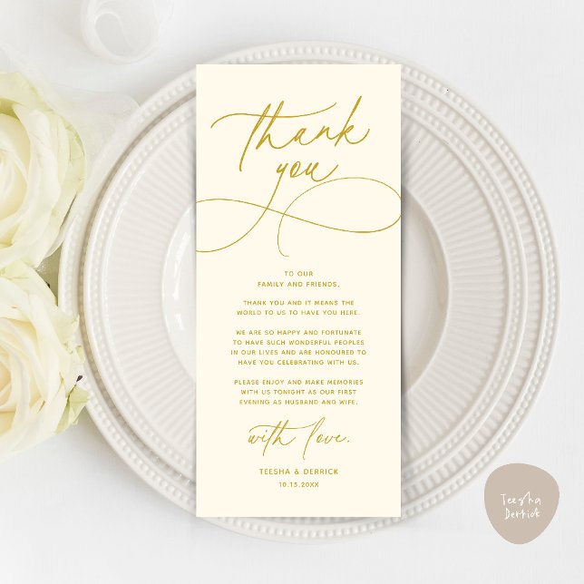 Romantiskt Modernt Bröllopsmottagning Tack Kort (Romantic Modern Wedding Reception Dinner Thank You Card in yellow cream gold)