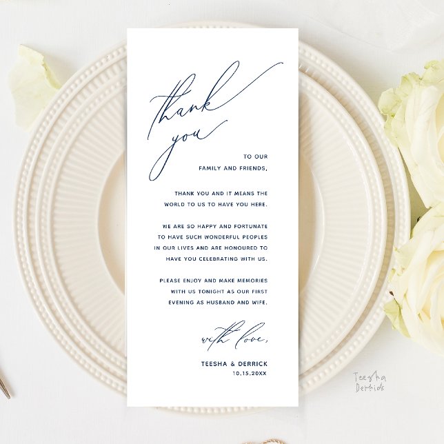 Romantiskt Modernt Bröllopsmottagning Tackkort Program (Romantic Modern Wedding Reception Dinner Thank You Card in Navy Blue)