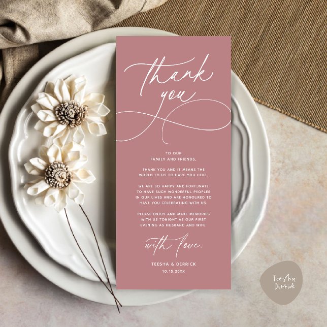 Romantiskt Modernt Bröllopsmottagning Tackkort Program (Romantic Modern Wedding Reception Dinner Thank You Card in dusty rose pink)