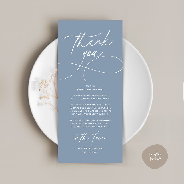 Romantiskt Modernt Bröllopsmottagning Tackkort Program (Romantic Modern Wedding Reception Dinner Thank You Card in dusty blue)