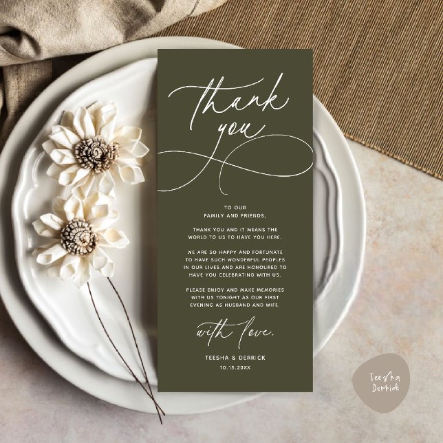 Romantiskt Modernt Bröllopsmottagning Tackkort Program (Romantic Modern Wedding Reception Dinner Thank You Card in olive green)
