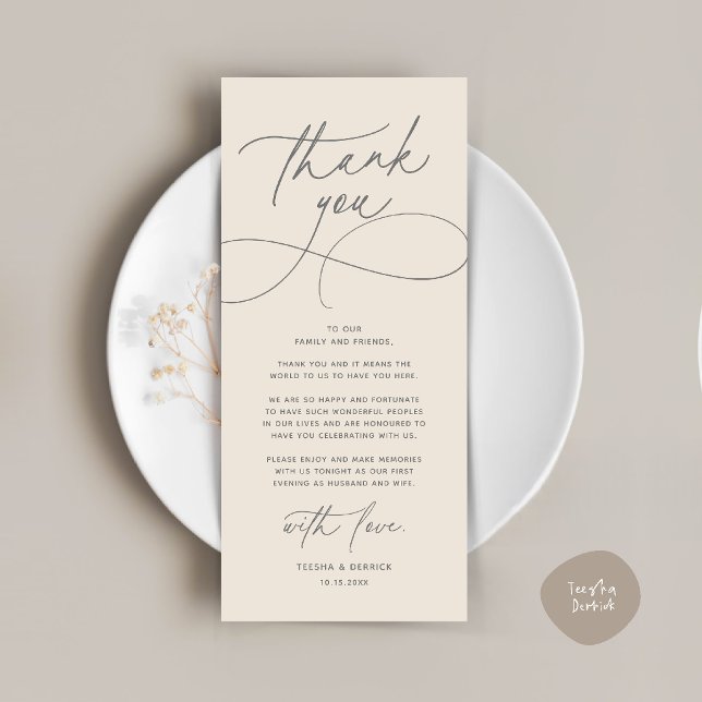 Romantiskt Modernt Bröllopsmottagning Tackkort Program (Romantic Modern Wedding Reception Dinner Thank You Card in grey cream)