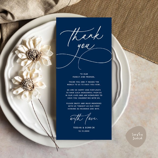 Romantiskt modernt tackkort för bröllopsfesten program (Romantic Modern Wedding Reception Dinner Thank You Card in navy blue)