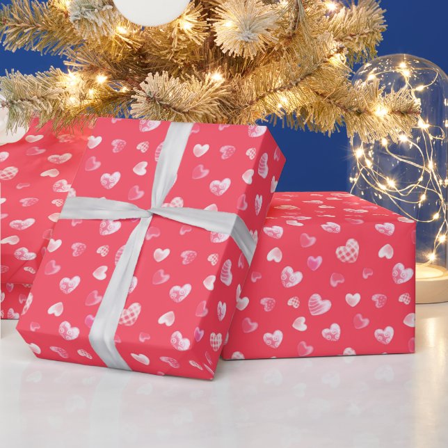 Romantiskt mönster av vita hjärtan på korallröd ba presentpapper (Helgdagar)