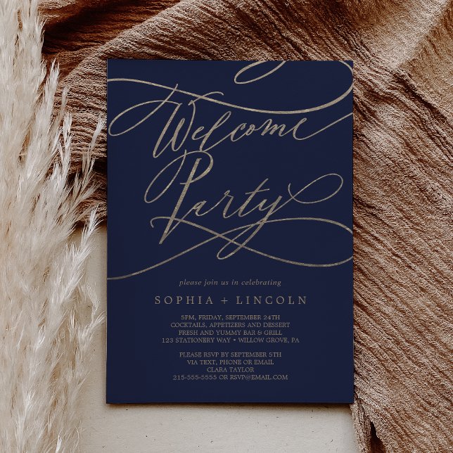 Romantiskt Navy och Guld Bröllops Välkomstfest Inbjudningar (Romantic Navy and Gold Wedding Welcome Party Invitation)
