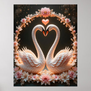 Romantiskt par av eleganta svanar bland rosa blomm poster