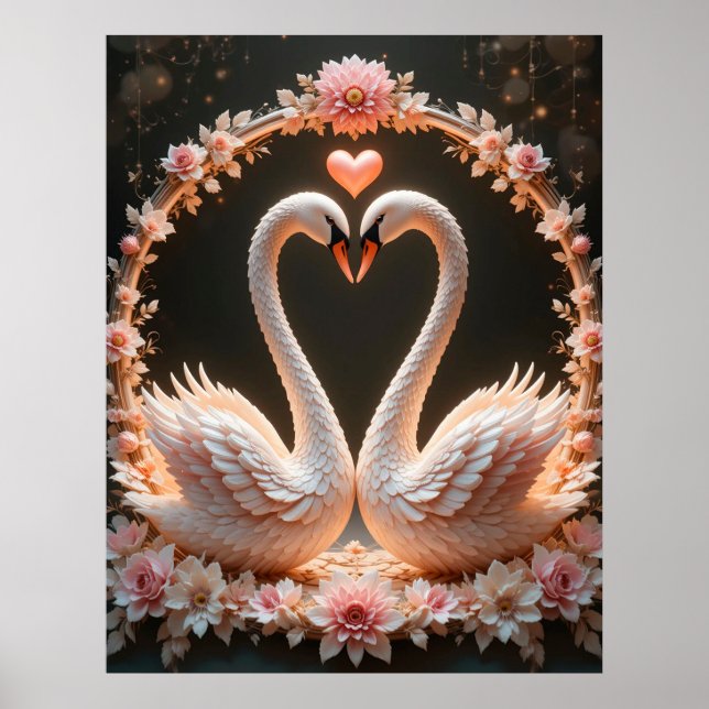 Romantiskt par av eleganta svanar bland rosa blomm poster (Framsidan)