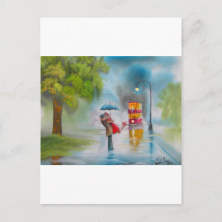 Romantiskt par för Rainy Day Red tram paraply Vykort