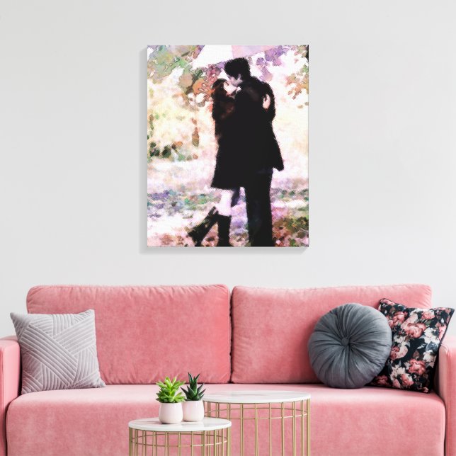 Romantiskt par i Kärlek Kissing i Rain Canvastryck (Insitu (Vardagsrum))