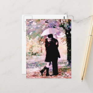 Romantiskt par i Kärlek Kissing i Rain Vykort