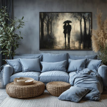 Romantiskt Par i Regn – Minimalistisk Kolteckning 