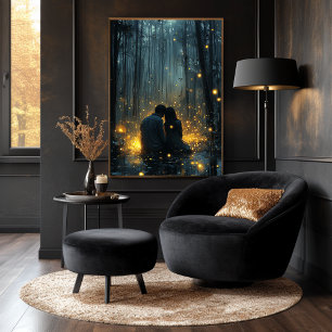 Romantiskt par i skogen med växande fireflies poster