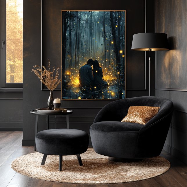 Romantiskt par i skogen med växande fireflies poster (Skapare uppladdad)