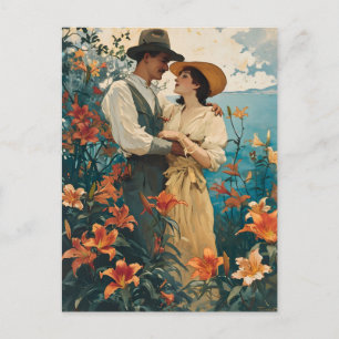 Romantiskt par i Vintage Lily Fält Vykort