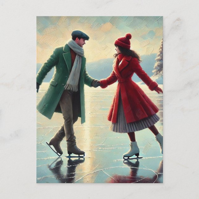 Romantiskt par Ice Skating på fryst sjö Vykort (Framsida)