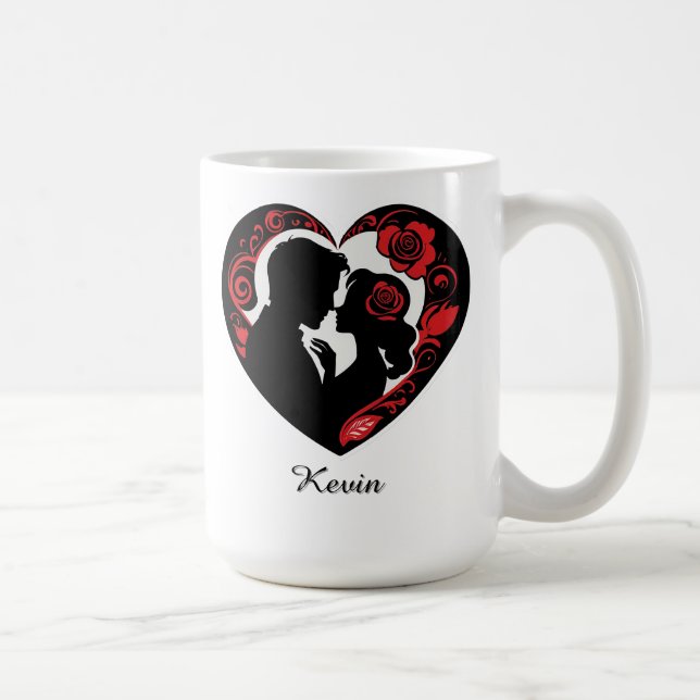 Romantiskt par inuti en hjärtram kaffemugg (Höger)