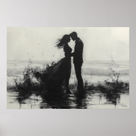 Romantiskt par kysser i stänk vid havet poster