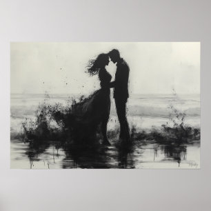 Romantiskt par kysser i stänk vid havet poster