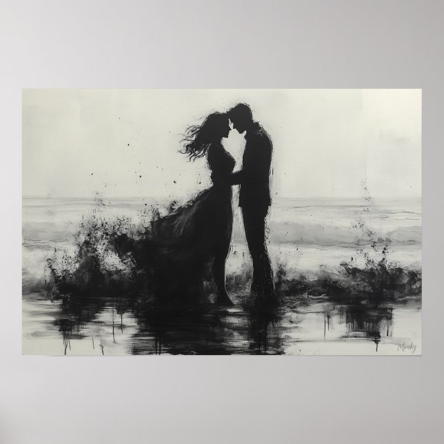 Romantiskt par kysser i stänk vid havet poster (Framsidan)