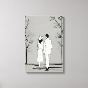 Romantiskt par minsta stroll Minimalist Line Art Canvastryck