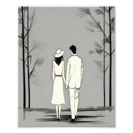 Romantiskt par minsta stroll Minimalist Line Art Fototryck
