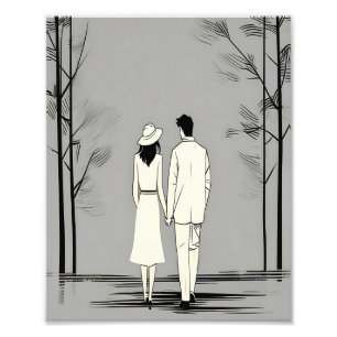 Romantiskt par minsta stroll Minimalist Line Art Fototryck