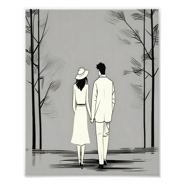 Romantiskt par minsta stroll Minimalist Line Art Fototryck (Framsidan)