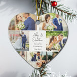Romantiskt par Photo Collage Heart-jul Julgransprydnad Keramik<br><div class="desc">Det här vackra nyfödda paret har en hjärtformade julklapp med 5 bröllop foton på vit bakgrund med det gifta parets namn,  plats och datum. En underbar minnesstund för din fru eller make för att uppskatta för alltid. Lägg till ett fotografi av fullt på baksidan.</div>