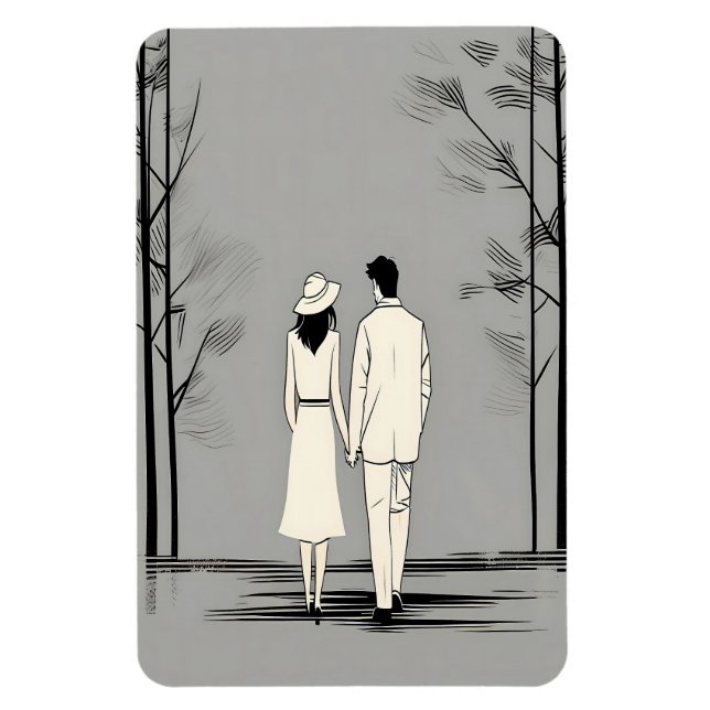 Romantiskt Par Promenad Minimalistisk Linje Konst Magnet (Vertikal)