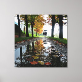 Romantiskt Par Regn Utsträckt Canvas Väggkonst