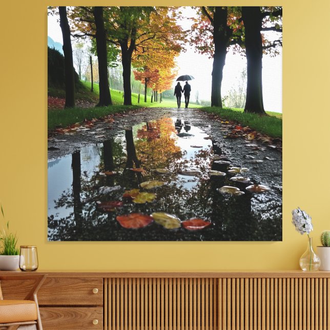 Romantiskt Par Regn Utsträckt Canvas Väggkonst (Insitu (Vardagsrum))