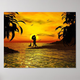Romantiskt par Sjöjungfru Sunset Handflatan Träd O Poster