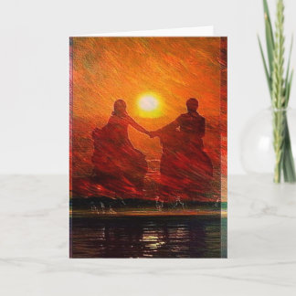 Romantiskt par skjuts in i solnedgången på hästbak helgkort