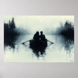 Romantiskt par som roddar i en dimmig sjö Minimali Poster