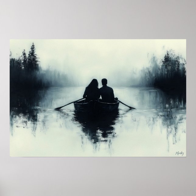 Romantiskt par som roddar i en dimmig sjö Minimali Poster (Framsidan)