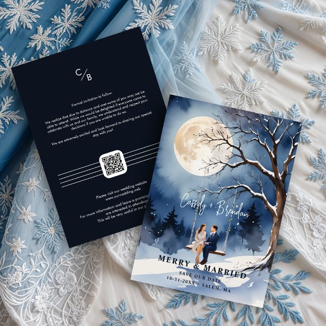Romantiskt par under Bare Träd i snönatten Spara Datumet (Romantic Couple Under Bare Tree In Snowy Night With Full Moon Save the Dates Cards )
