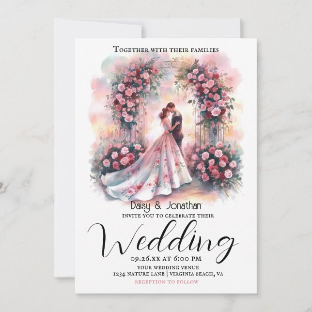 romantiskt par under blommigt Arch bröllop Inbjudningar (Framsida)