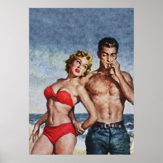 Romantiskt par vid Vintagen Beach Poster