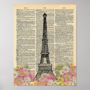 Romantiskt Paris Eiffel för vintageordbokkonst Poster