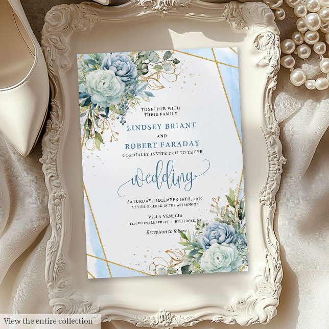 Romantiskt pastellblå guld blommig bröllopsinbjuda inbjudningar (Romantic Pastel Blue Gold Flowers Wedding Invite)