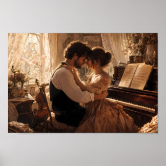 Romantiskt pianoomfamning i gyllene ljus Affisch