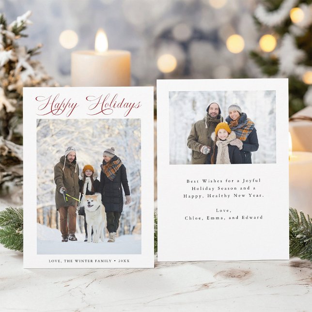 Romantiskt Red Script Glad helg 2-foto Julkort (Front & Back)