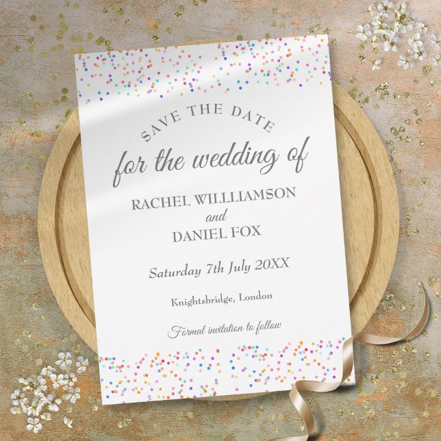 Romantiskt regnbågsconfetti bröllop spara datumet (Romantic Rainbow Confetti Wedding Save The Date)