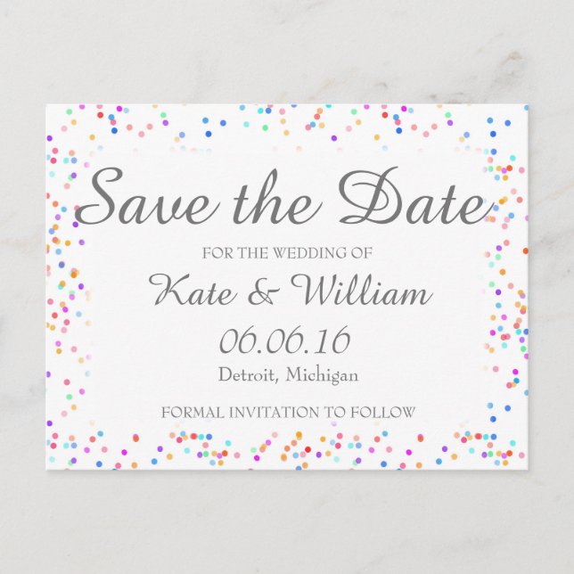Romantiskt regnbågsconfetti Save the Date Meddelande Vykort (Framsida)