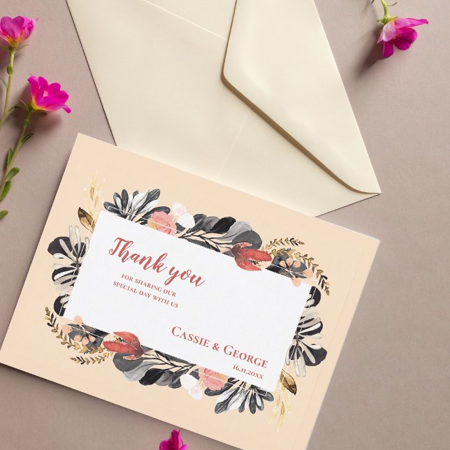 Romantiskt Rosa & Svarta Blommiga Bröllop Tack Kor Vykort (Romantic Blush & Black Floral Wedding Thank You Postcard)