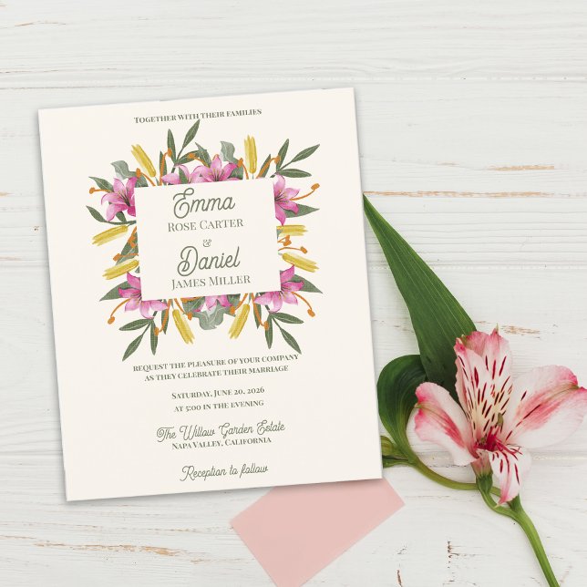 Romantiskt rosablommig lilja botanisk bröllopsinbj (Blush Pink Lily Botanical Wedding Invitation Flat Card | Romantic Watercolor Floral Garden Wedding )