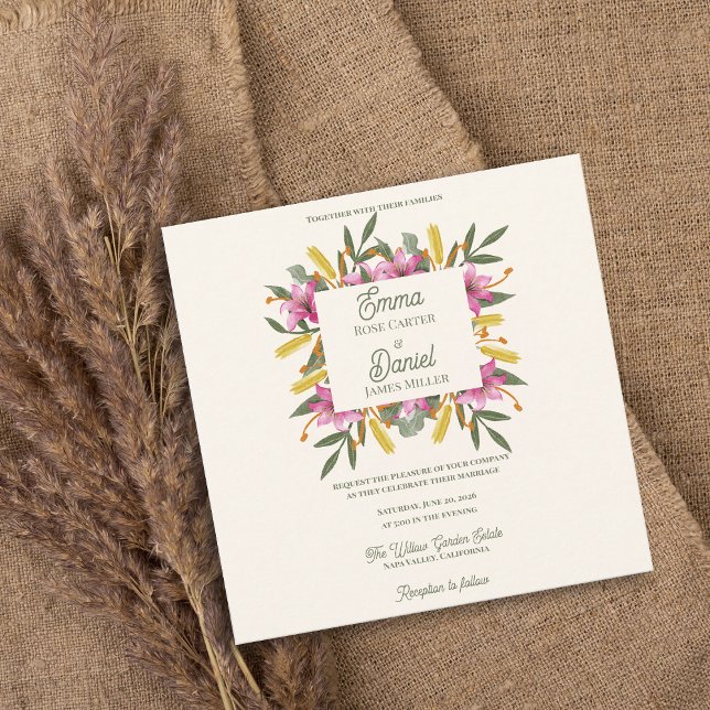 Romantiskt rosablommig lilja botanisk bröllopsinbj (Blush Pink Lily Botanical Wedding Invitation | Romantic Watercolor Floral Garden Wedding Invitation)