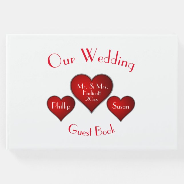 Romantiskt rött hjärta med Namn och Bröllop Gästböcker (Framsida)