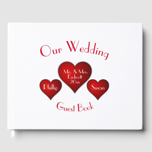 Romantiskt rött hjärta med Namn och Bröllop Gästböcker (Framsida)